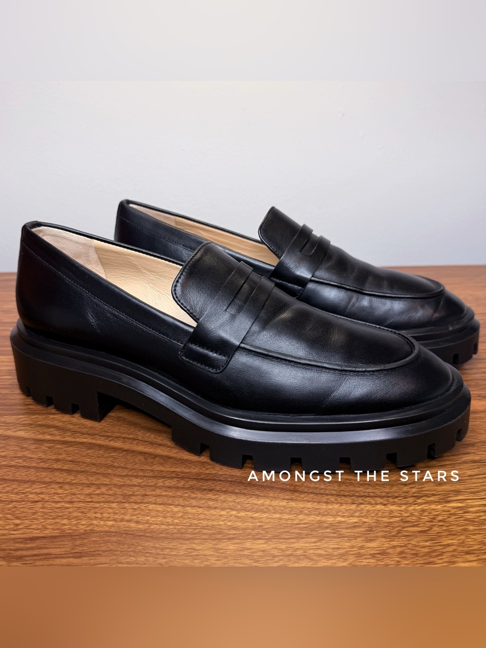 Stuart Weitzman Ultra Lug Sole Black Smooth Calf Leather Penny Loafers
